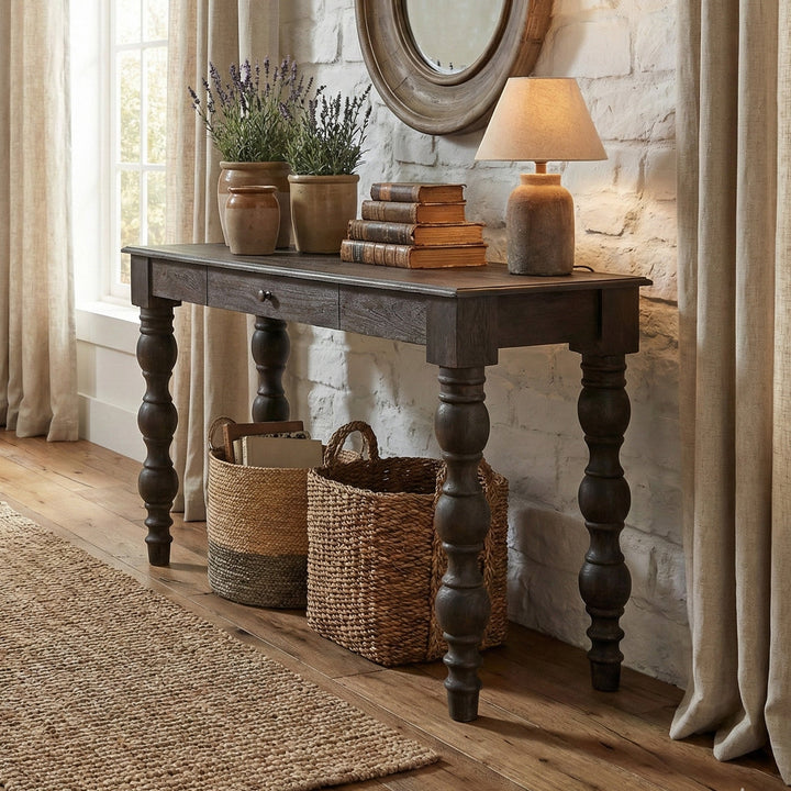 French Country Console Table with Drawer, Coffee Brown