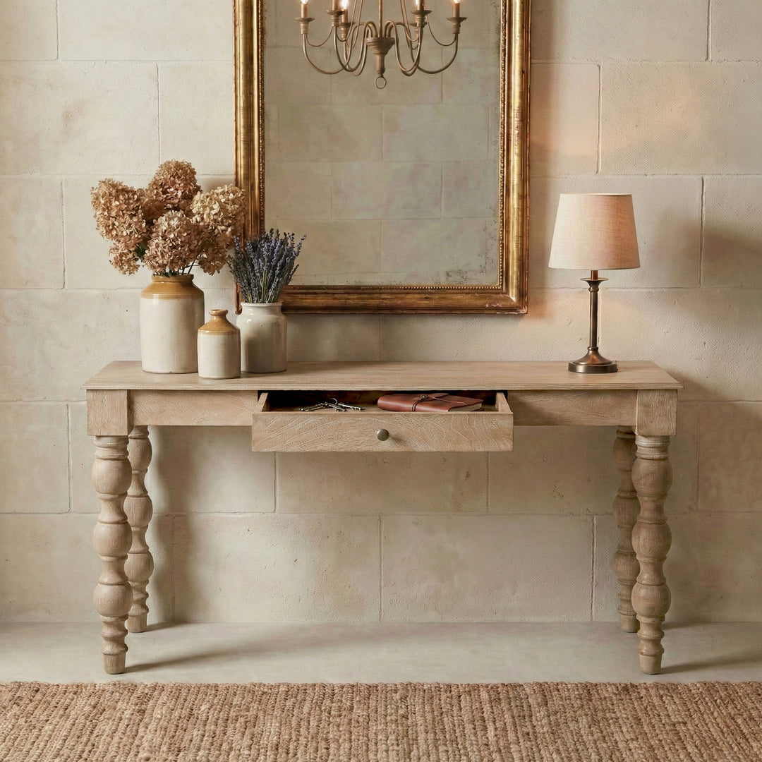 French Country Console Table with Drawer, Natural-Rustic White