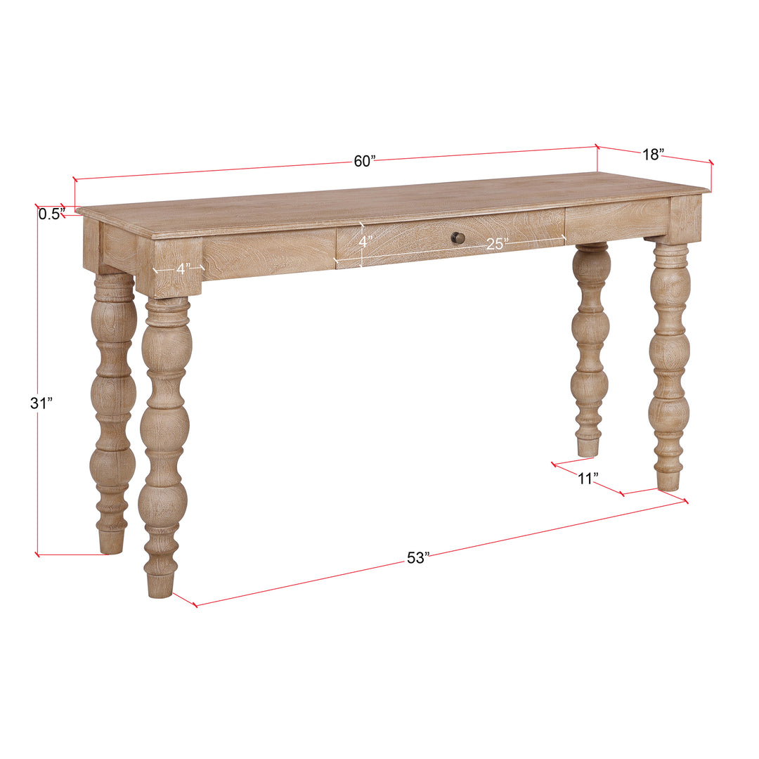 French Country Console Table with Drawer, Natural-Rustic White