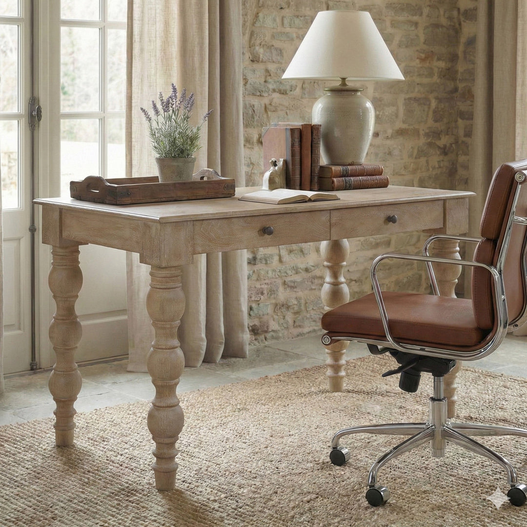 French Country Desk with 2 Drawers, Natural- Rustic White