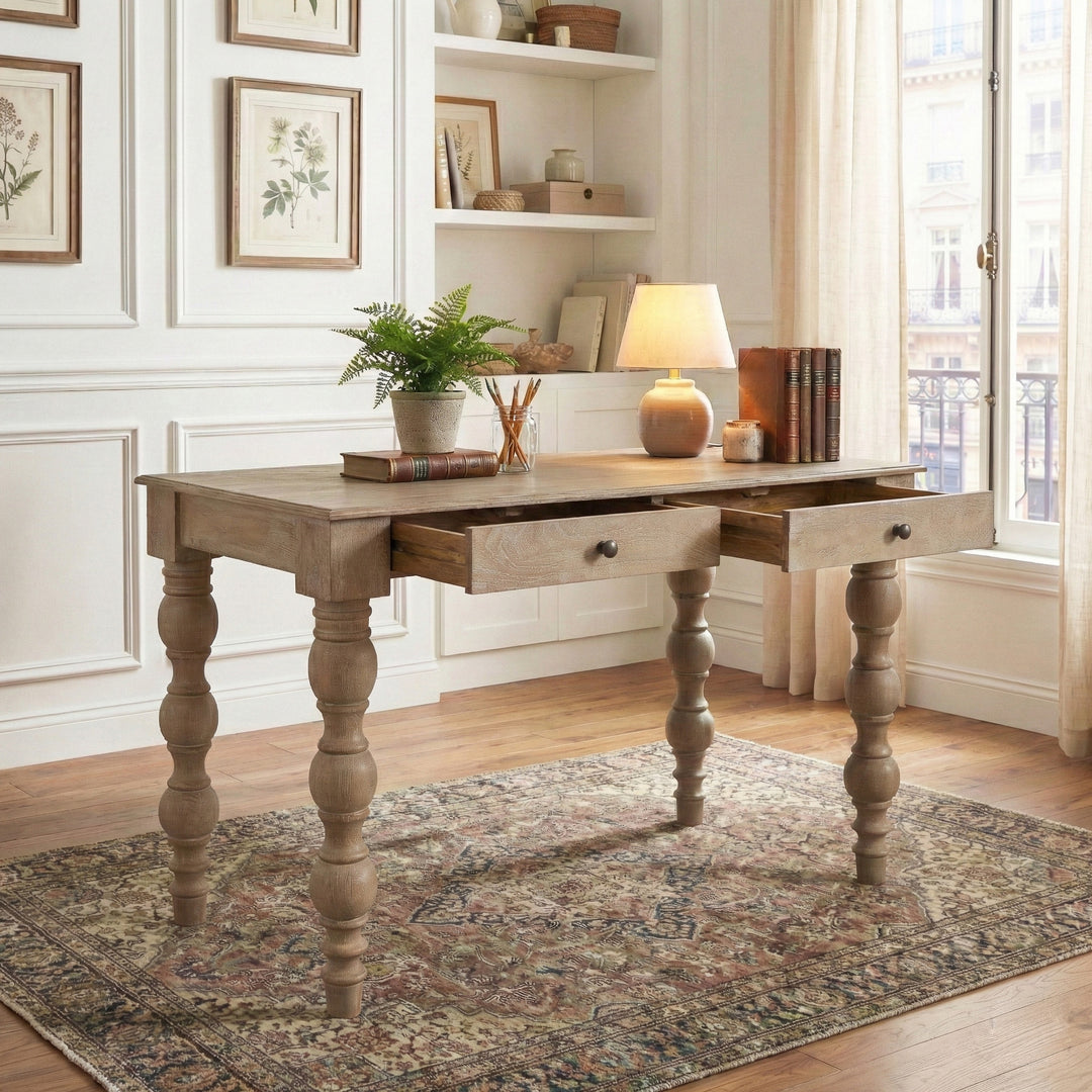 French Country Desk with 2 Drawers, Natural- Rustic White