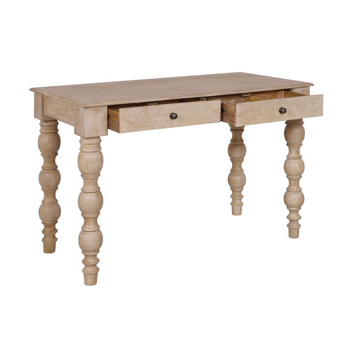 French Country Desk with 2 Drawers, Natural- Rustic White