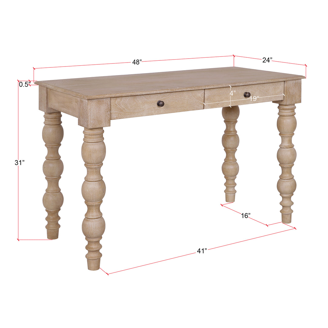French Country Desk with 2 Drawers, Natural- Rustic White