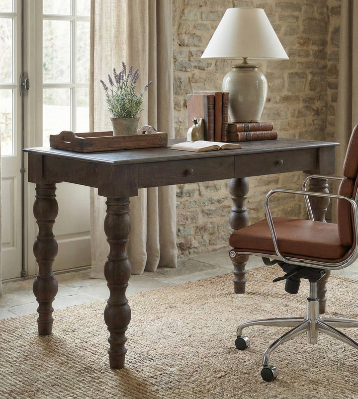 French Country Writing Desk with Drawers, Coffee Brown