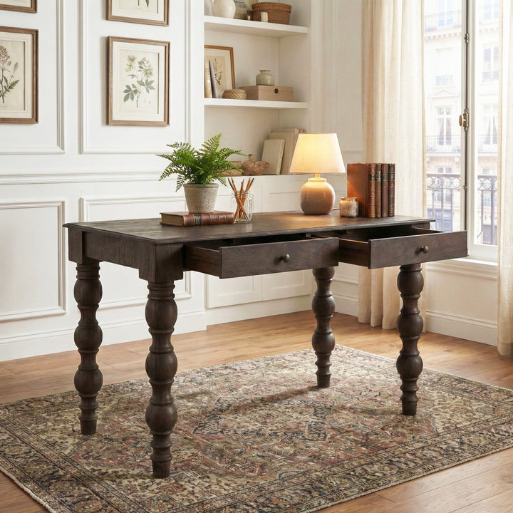 French Country Writing Desk with Drawers, Coffee Brown