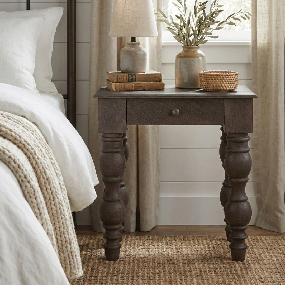 French Country Side Table with Drawer, Coffee Brown