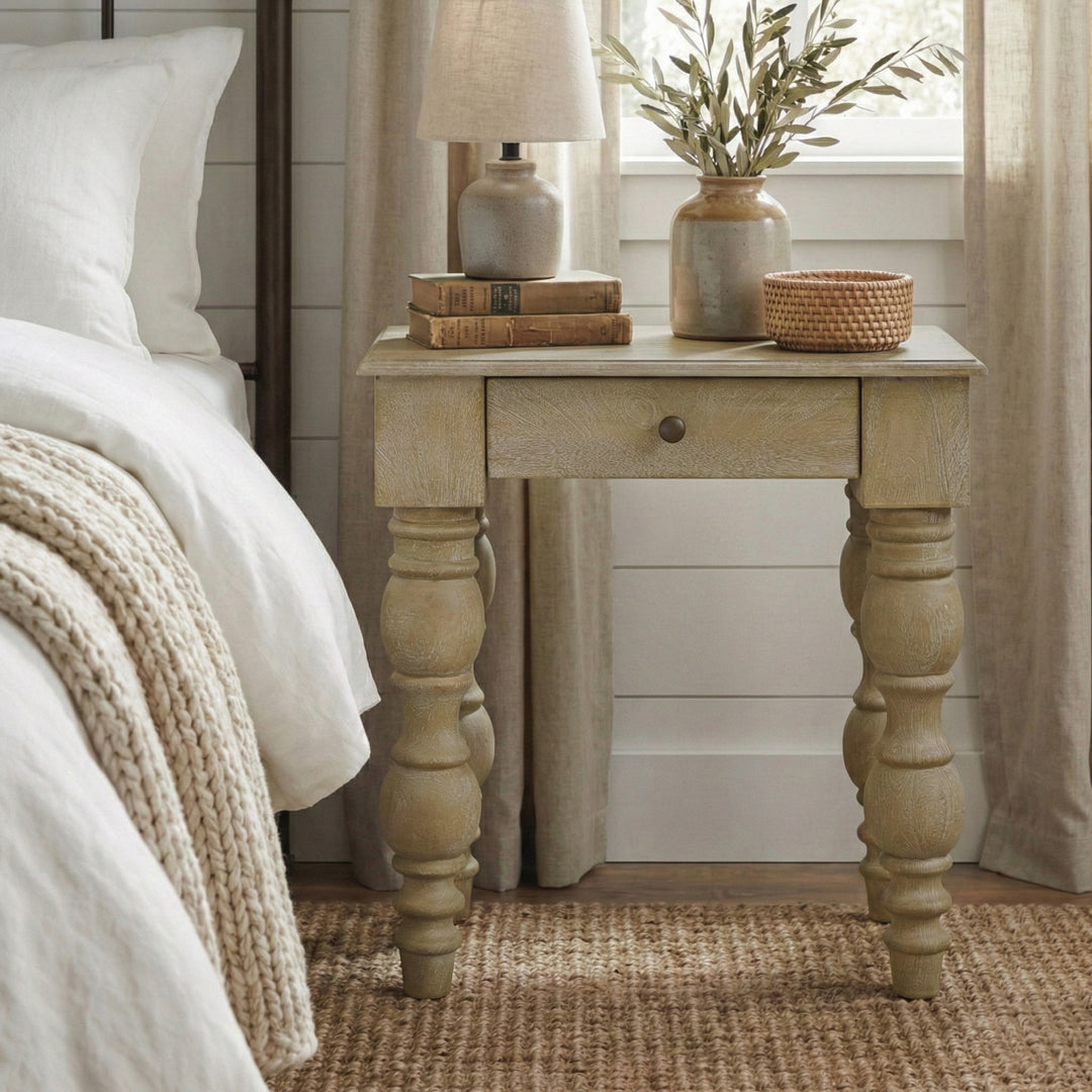 French Country Side Table with Drawer, Natural-Rustic White