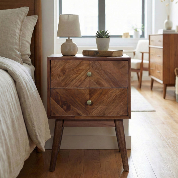 Geometric Mid-Century Modern Nightstand, Acacia Standard