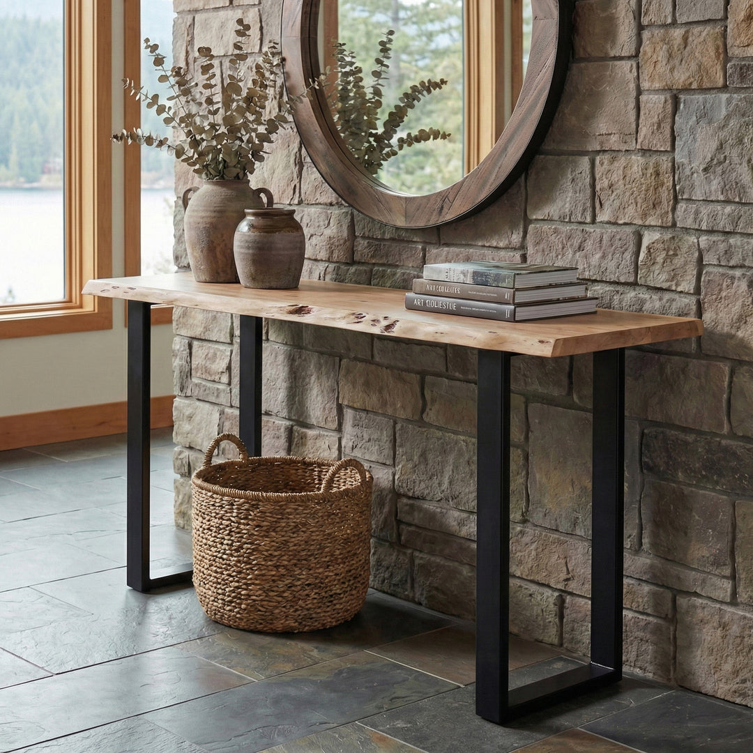 Live Edge Acacia 70"W Console Table with Black Iron Legs, Natural