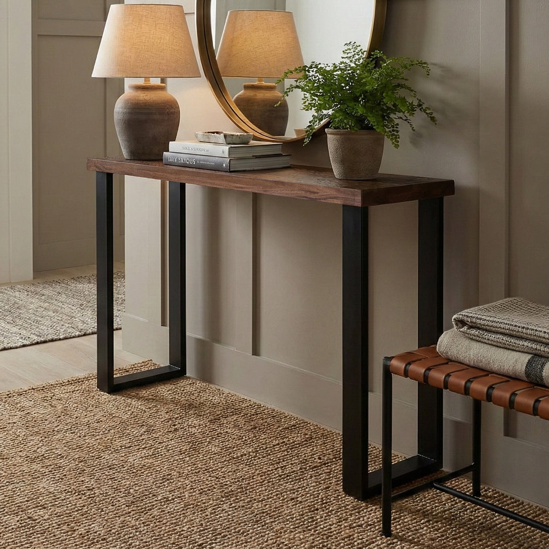 Rustic Forge 70" Console Table with Metal Legs, Sawn Farmhouse Brown