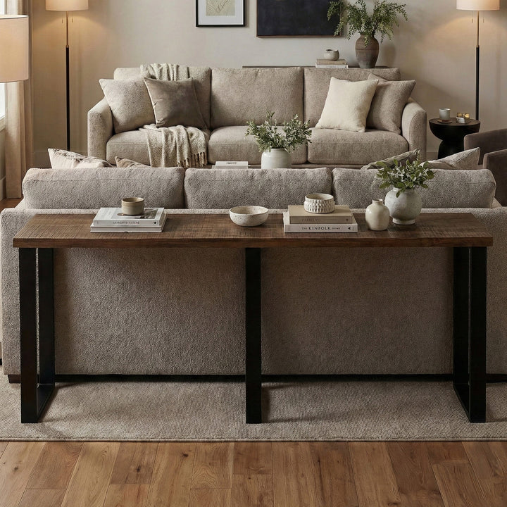 Rustic Forge 90" Console Table with Metal Legs, Sawn Farmhouse Brown