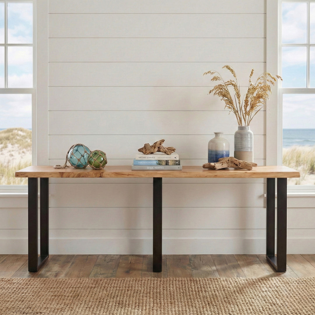 Live Edge Acacia 90"W Console Table with Black Iron Legs, Natural