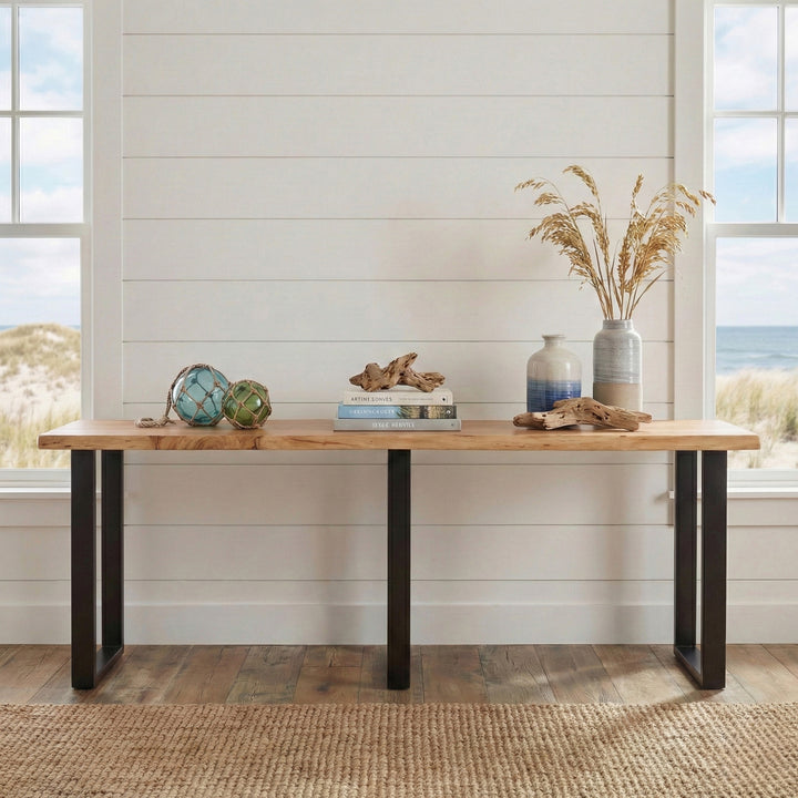 Live Edge Acacia 90"W Console Table with Black Iron Legs, Natural