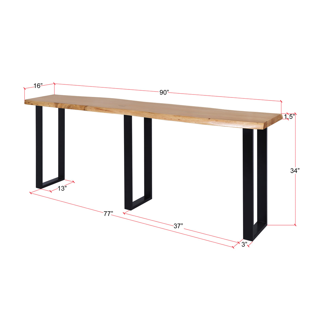Live Edge Acacia 90"W Console Table with Black Iron Legs, Natural