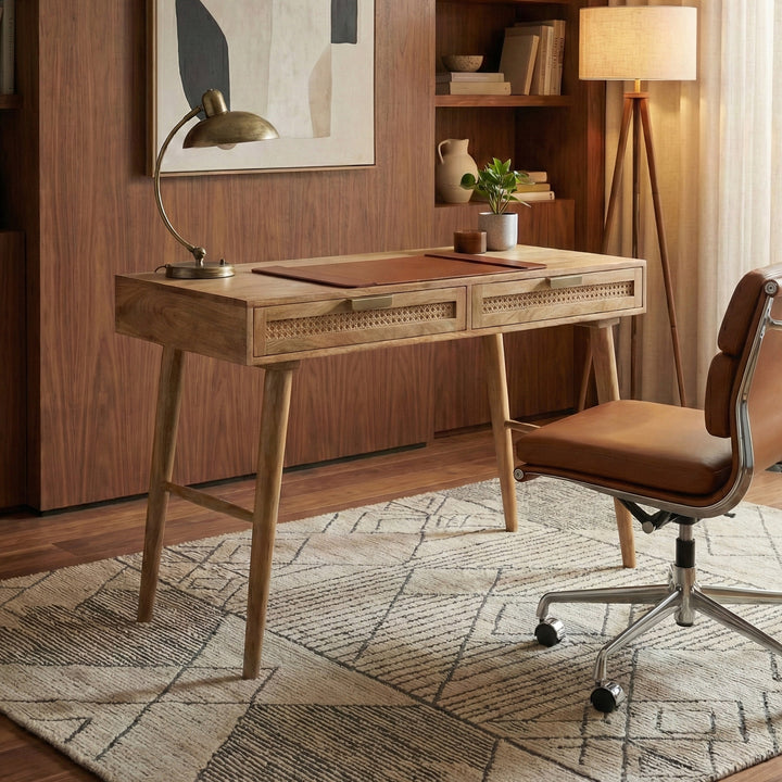 Atlas Cane Mid-Century Desk with Built-in Power, Wheatfield