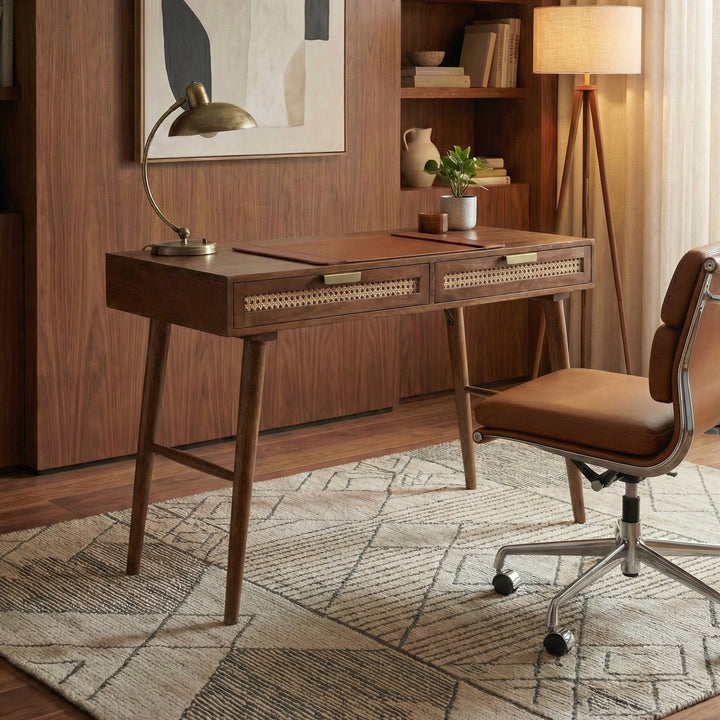 Atlas Cane Mid-Century Desk with Built-in Power, Walnut