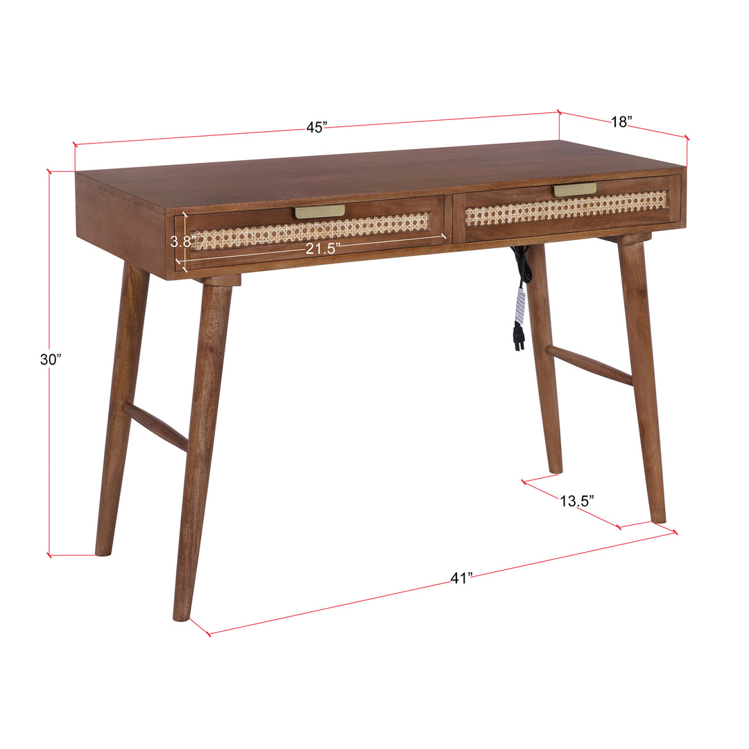 Atlas Cane Mid-Century Desk with Built-in Power, Walnut