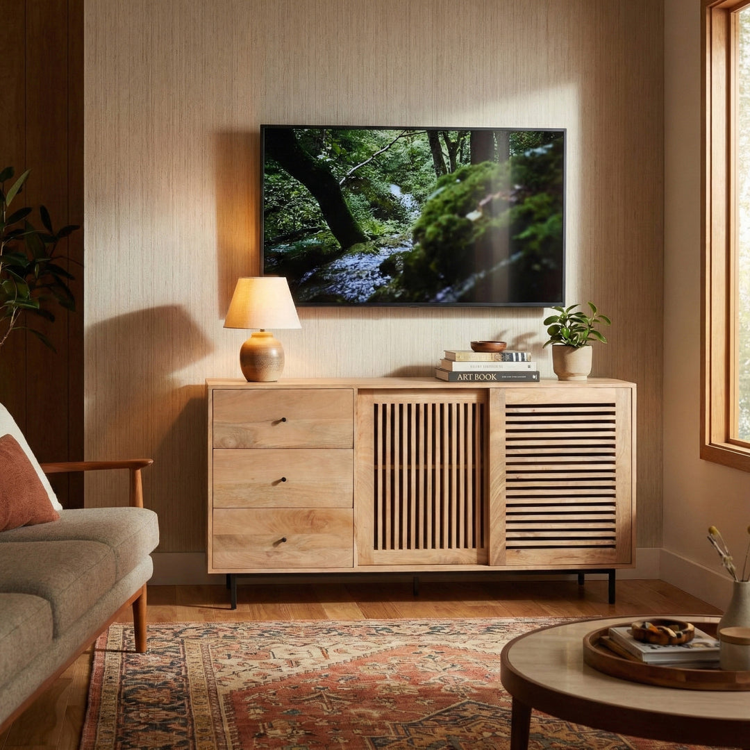 Mid-Century Modern 60-Inch Natural Wood Sideboard with Slatted Sliding Doors