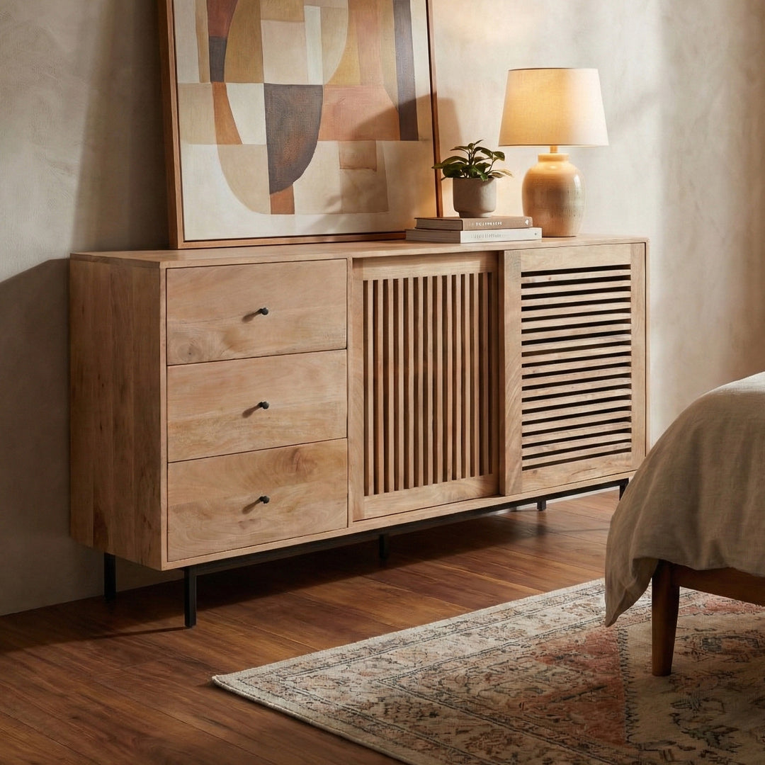 Mid-Century Modern 60-Inch Natural Wood Sideboard with Slatted Sliding Doors