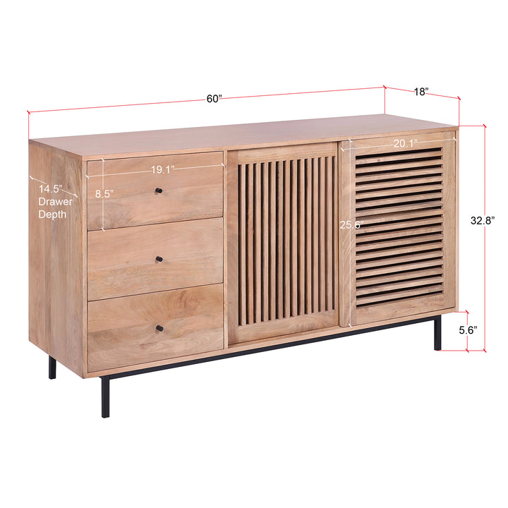 Mid-Century Modern 60-Inch Natural Wood Sideboard with Slatted Sliding Doors