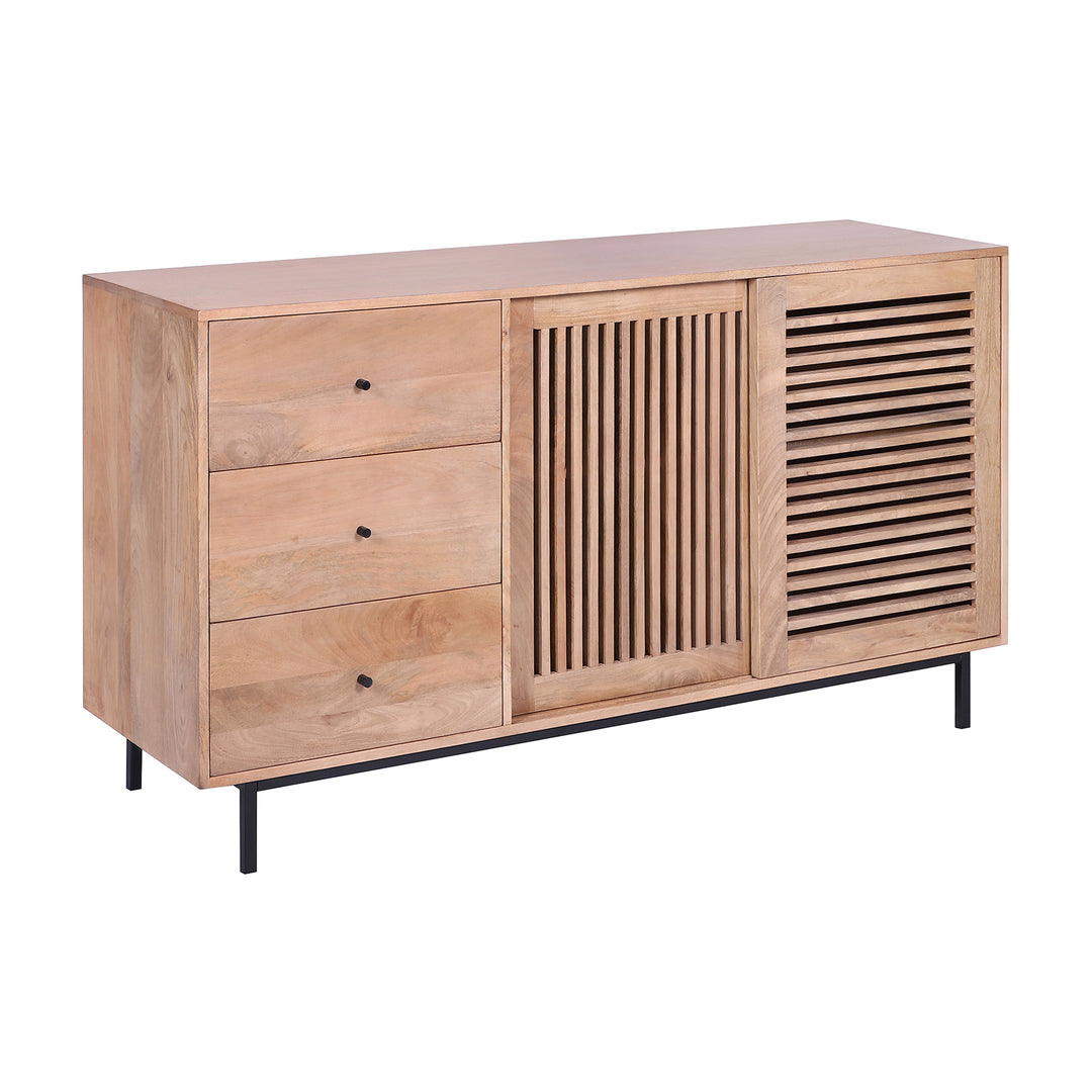 Mid-Century Modern 60-Inch Natural Wood Sideboard with Slatted Sliding Doors