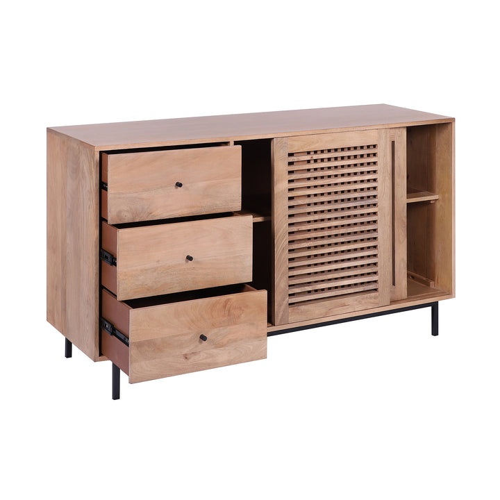 Mid-Century Modern 60-Inch Natural Wood Sideboard with Slatted Sliding Doors
