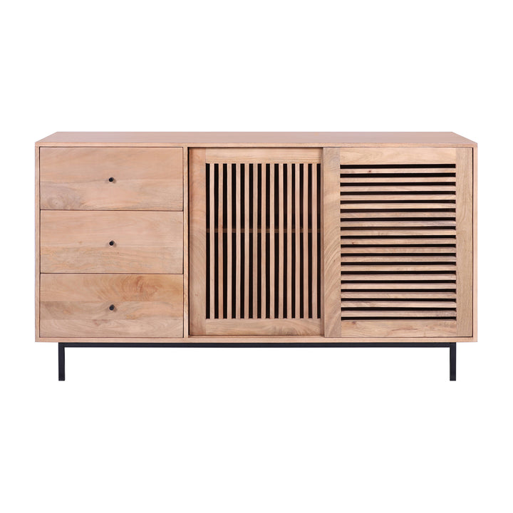 Mid-Century Modern 60-Inch Natural Wood Sideboard with Slatted Sliding Doors