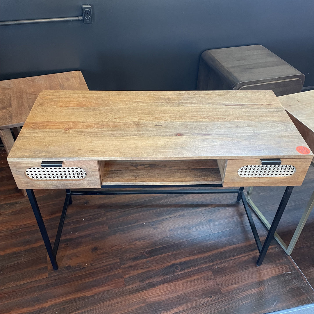 Cane Desk 2 Drawers 1 Open Shelf Black Metal Base - Sample